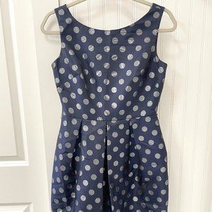 Eliza J Dress Navy Blue Silver Polka Dot Jacquard Shift Sheath Sz 4